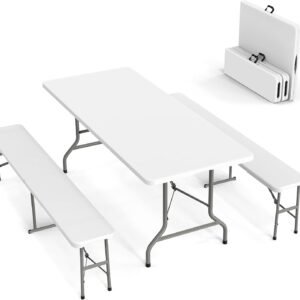 Picnic Table Set with 2 Benches, 6 Feet Camping Table Chair Set,3-Piece Folding Furniture for Indoor or Outdoor Use, Smooth Tabletop, White