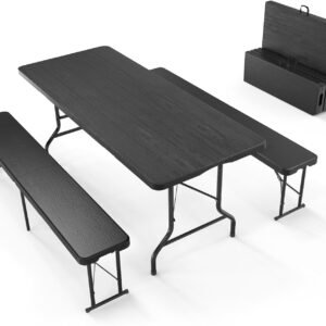 Picnic Table Set with 2 Benches, 6 Feet Camping Table Chair Set, 3-Piece Folding Furniture for Indoor or Outdoor Use, Tree Patterned  Tabletop, Black