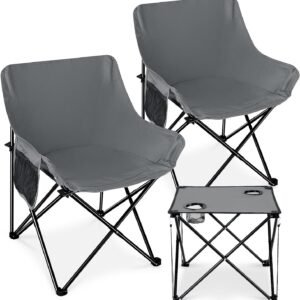 2 Pcs Portable Camping Chairs for Adults, Comfortable & Oversized Lawn Chair & Folding Camping Table for Outdoor Sports, Fishing, Rv Travel, Beach, Picnic – Grey
