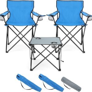 Folding Camping Chair Set of 3, Foldable Blue Camp Chairs & Grey Table, Large Lawn Chair Portable for Adults Hiking, Fishing, Picnic, Outdoor BBQ, Travel, Sports, Cup Holders & Storage Bags