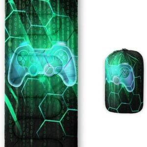 Gamepad Sleeping Bag,3 Season Warm and Cool Weather Game Console Sleeping Bag for Boys Teens,Waterproof Lightweight Geometry Hexagonal Sleeping Bag for Traveling,Outdoors Camping,Blue,Black