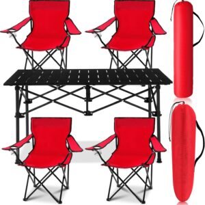 5 Pcs Summer Portable Camping Chair and Folding Camping Table Set Outdoor Oxford Fabric Folding Chair Lawn Portable Camp Table with Cup Holder Carry Bag for Travel Fishing Sport(Red)
