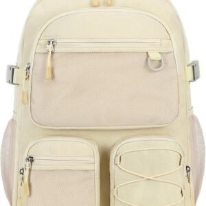 Water Resistant Backpack with Mulitiple Pockets for Travel Outdoor College, 15.6 inch Laptop Bookbag for Girl and Women (Beige)
